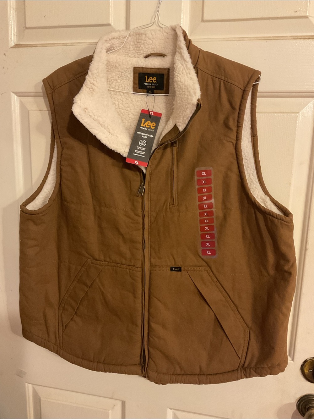 NWT LEE XL. SHERPA LINED CANVAS VEST BROWN with Cream Sherpa Collar FULL ZIP